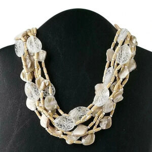 Chunky Multi Strand Mother of Pearl Wood Lucite Resin Beads Statement Necklace